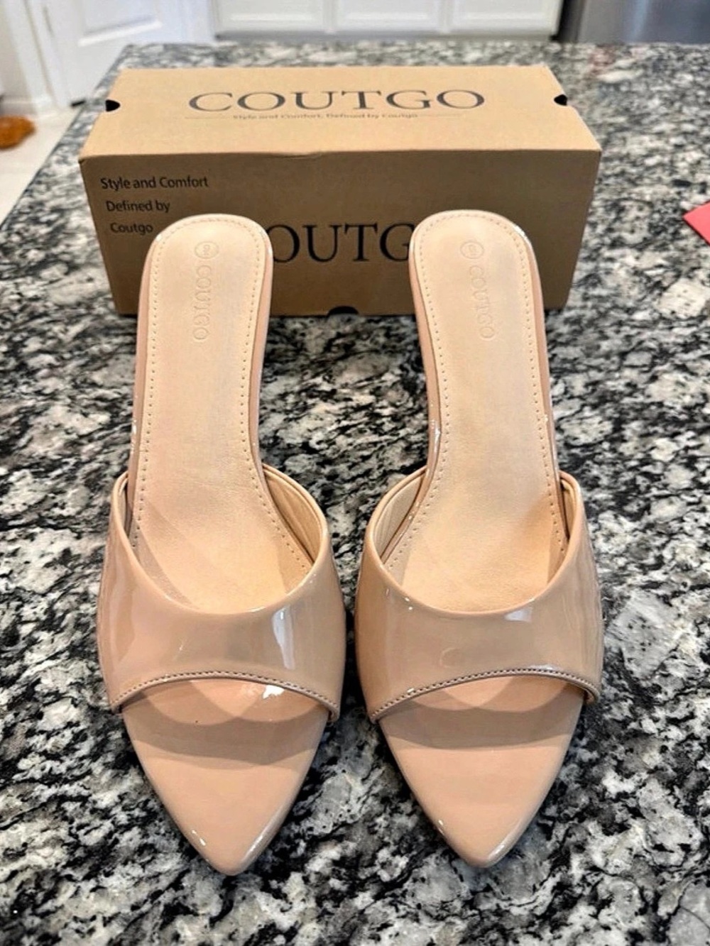 Coutgo Womens Nude Heeled Mules Pointed Peep Toe High Heels